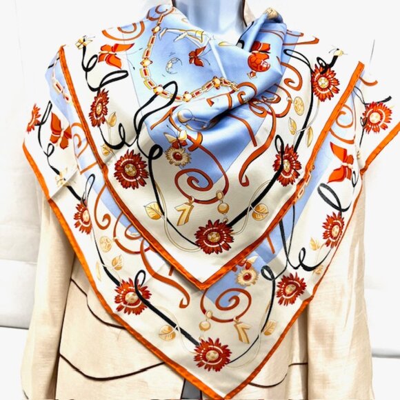 Unused-Scarf  PROJECT 100% silk satin, 34" x34 Art Designs blue ivery yellow (49 - Picture 3 of 9